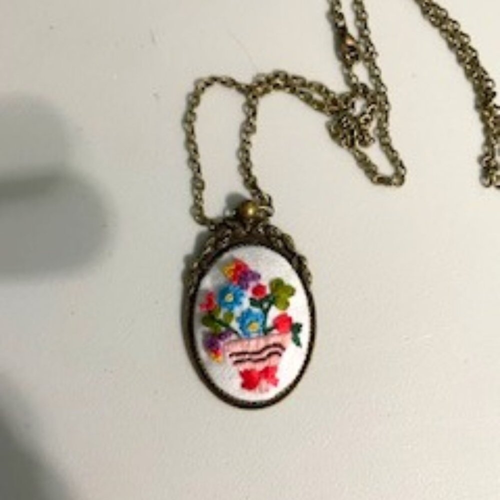 Handmade embroidered floral basket necklace